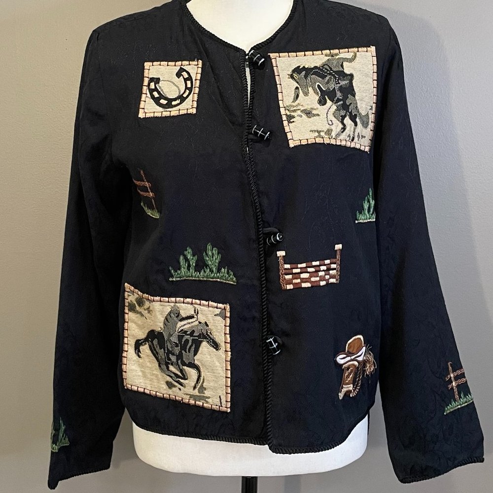 Alex Kim Western Themed Embroidered Patchwork over floral print Jacket sz S NWOT
